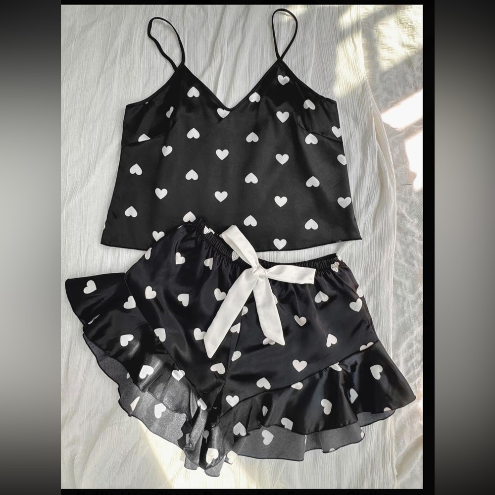 Black Satin Heart Pajama Set – Size L